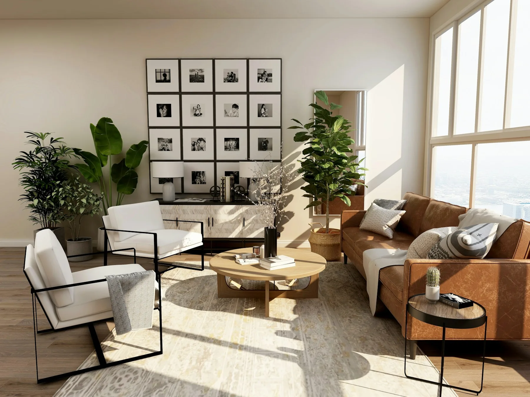 Sala ampla com luz natural, sofá claro e plantas